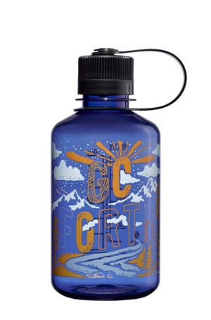 A blue water bottle with a black lid.