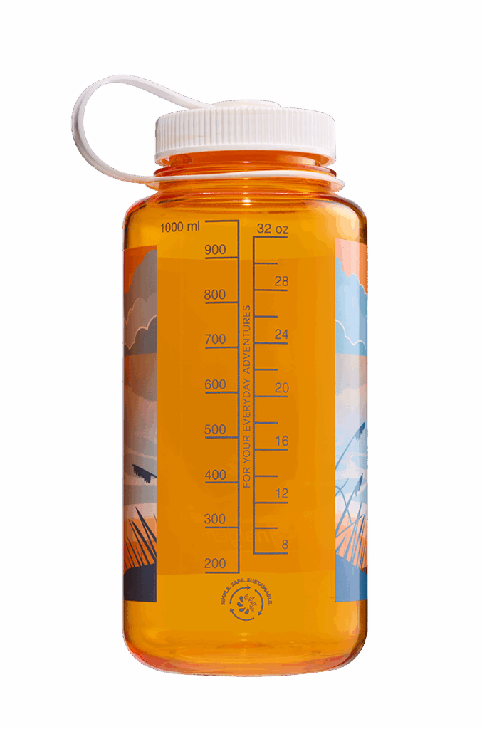 Transparent orange water bottle with measurement markings and outdoor-themed graphics on the side. Transparent orange water bottle with measurement markings and outdoor-themed graphics on the side.