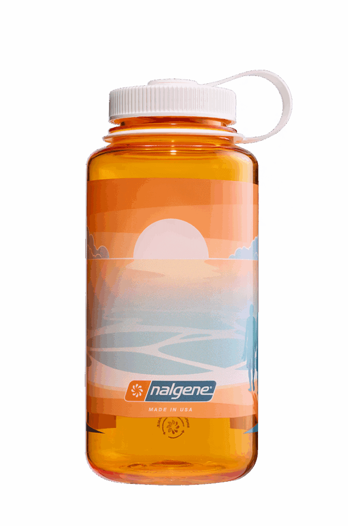 Orange Nalgene water bottle with a sunset and silhouette design, and a white screw-on cap. Orange Nalgene water bottle with a sunset and silhouette design, and a white screw-on cap.