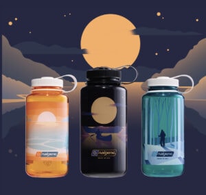 Three 32oz WM Negative Landscape Nalgene water bottles with scenic outdoor designs, set against a moonlit nature background. Three 32oz WM Negative Landscape Nalgene water bottles with scenic outdoor designs, set against a moonlit nature background.